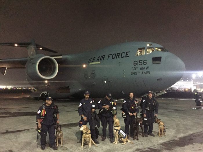 Members of USAID's elite earthquake disaster team landed in Mexico, including more than 60 Los Angeles County Fire Department urban search and rescue experts, 5 canines, and 62,000 pounds of equipment & medical supplies. (USAID Photo)