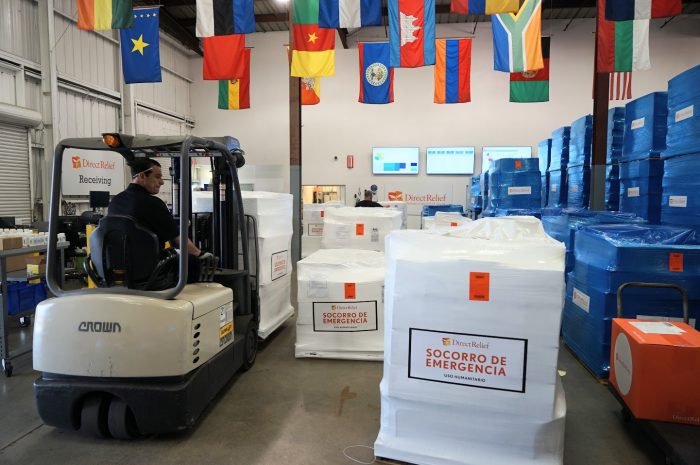 Emergency aid for Peru is staged and shipped from Direct Relief’s Goleta warehouse on Mar. 21. (Photo by Bryn Blanks/Direct Relief)