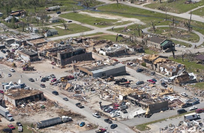 The May 4, 2003 tornado cut a half-mile swath severely damaging or destroying much of the downtown Square, about 250 homes and 40 of the 120 businesses in Stockton, Mo., a city of about 1,800 in southwest Missouri. Photo courtesy of the Cedar County Republican.