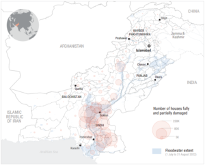 A map of Pakistan showing areas with amount of destroyed and damaged houses