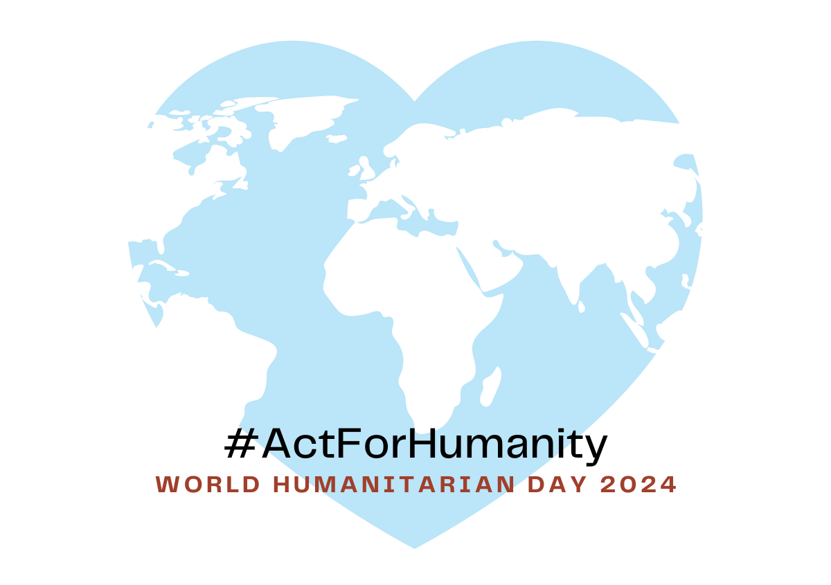 Heart-shaped world map in light blue, accompanied by Act for Humanity hashtag for World Humanitarian Day 2024