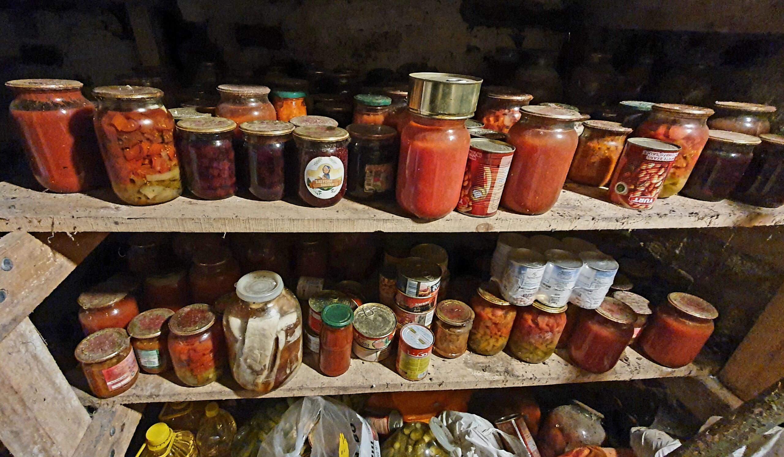 Jars of vegetables in on shelves in a cellar