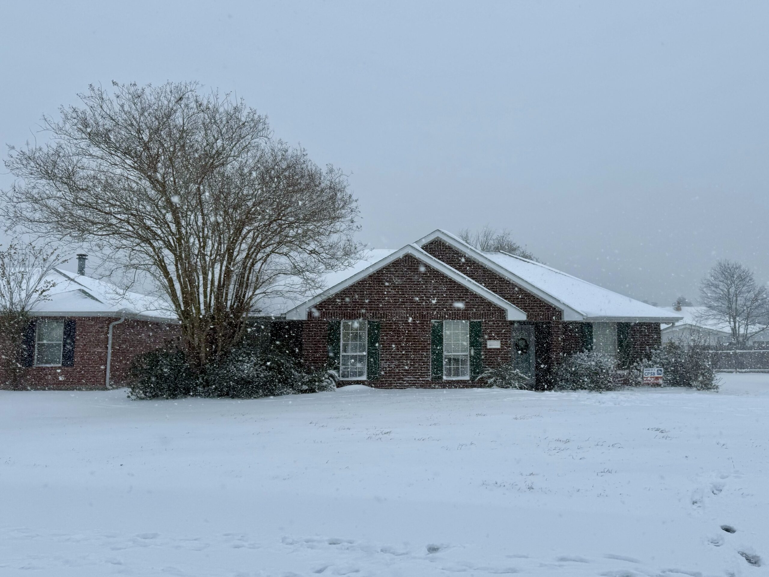 Snow falling on a snow covered yard in front of a house covered in snow