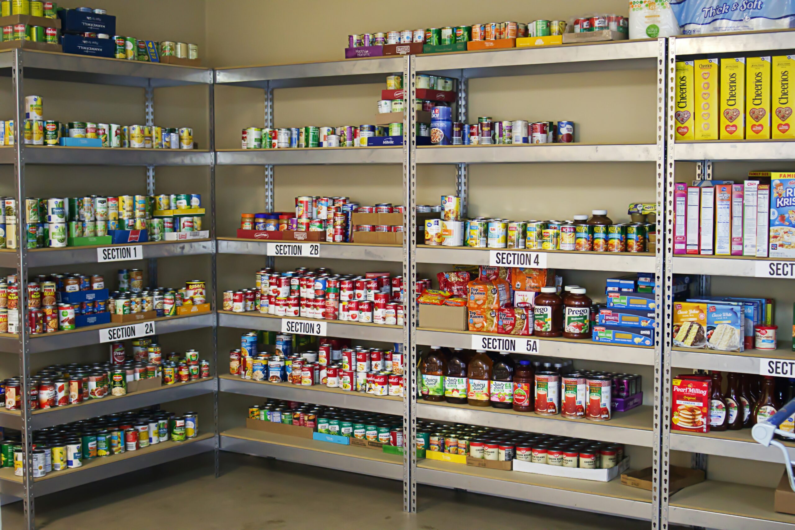 Food bank pantry shelves.